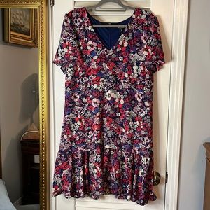 BCBG navy floral dress with flounce hem
